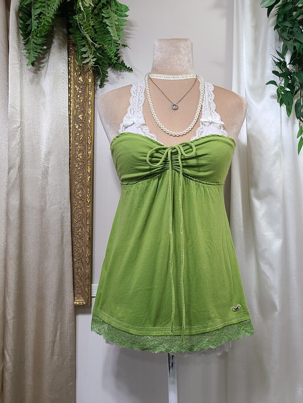 ♡ Y2K ♡ Hollister Green Lace Babydoll Tube Top / Halter Tie Front Tank Top